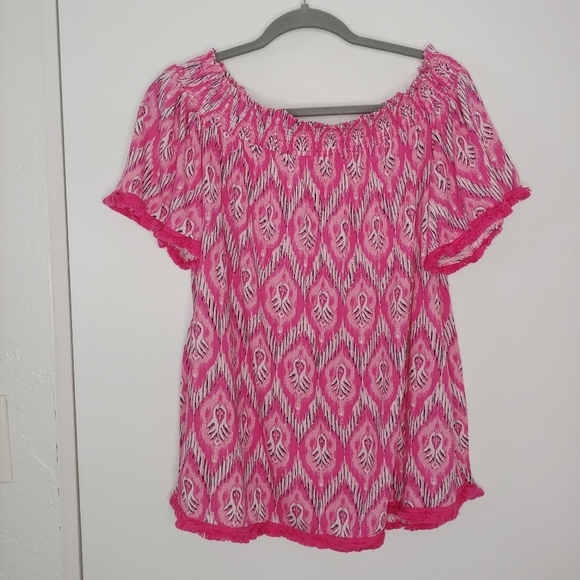 Crown & Ivy Modal Pink Ikat Off The Shoulder Fringe Hem Top 2X Vacation - Picture 3 of 12